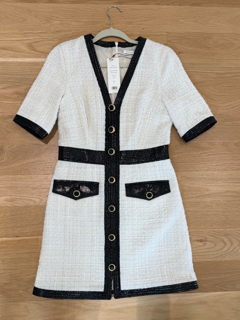 Veronica Beard White Tweed Midi Dress With Black Trim And Gold Rings